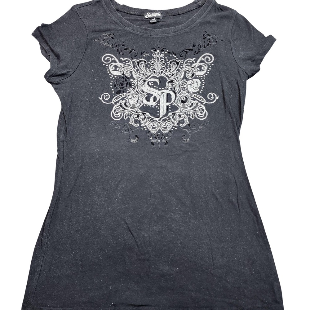 Southpole Shirt Womens XL Black Rhinestone Floral Crest SP Graphic Tee Top